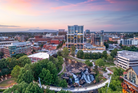 Greenville South Caroline skyline of the city with a sunset in the background