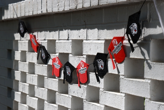 A banner of red and black glittery graduation caps decorated with the Davidson College logo and wildcat mascot hangs against a white brick wall.