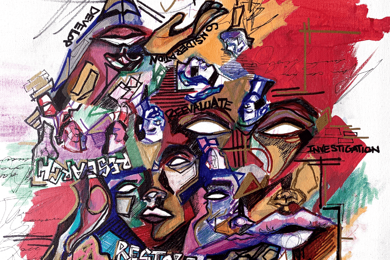 Art piece with drawn faces, abstract blocks of red green and yellow and words throughout