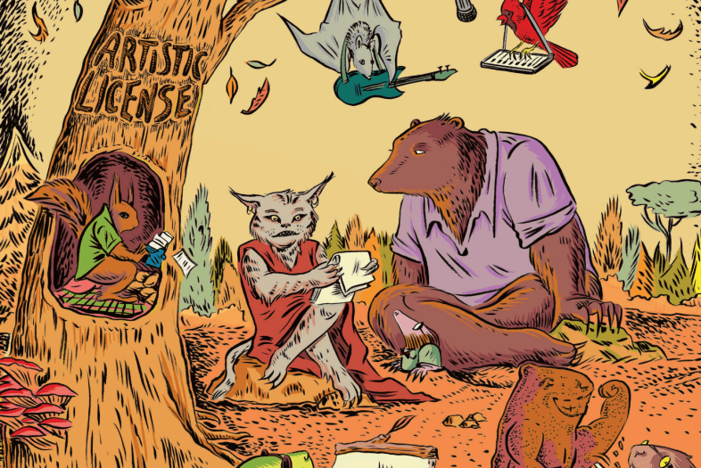 a cartoon of animals sitting around creating art