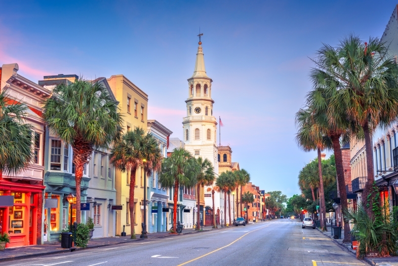 Street view and church steeple in Charleston, SC