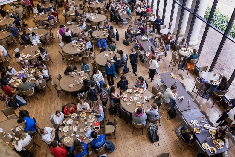 an overhead view of tables in a dining hall