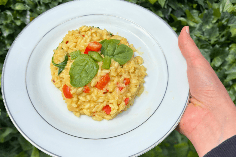 a hand holds a plate of risotto