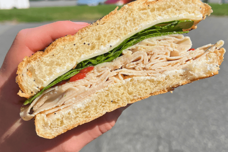 a hand holding a turkey sandwich