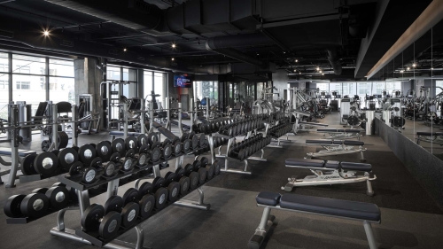 A modern, spacious gym interior featuring rows of dumbbells on racks, several weight benches, and large windows overlooking the city.