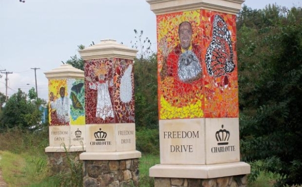 decorated pillars that read "Freedom Drive"