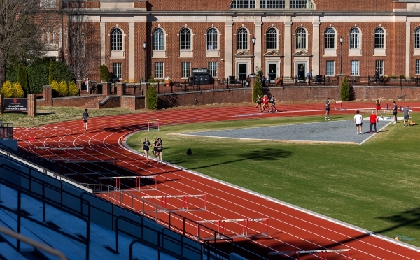 Lisa and Jeff Case Track & Field Complex view from the stands with student union in the background