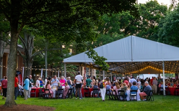 a tent surrounded by string lights at dusk