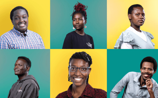 a compilation of headshots on teal and yellow backgrounds picturing young Black men and women