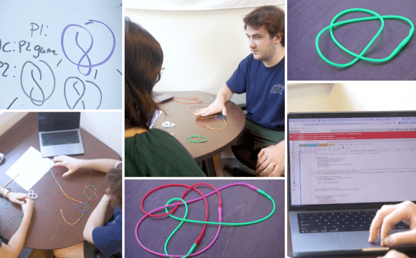 a compilation of images of student and professor looking at knots at a desk and computer