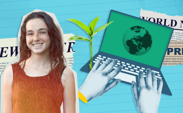 Collage of student Stella Mackler, news clippings, laptop, and sprouting plant