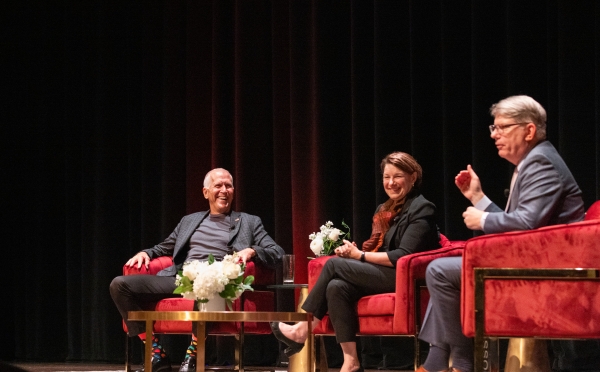 U.S. Senators Thom Tillis and Amy Klobuchar on stage with President Doug Hicks at Davidson College