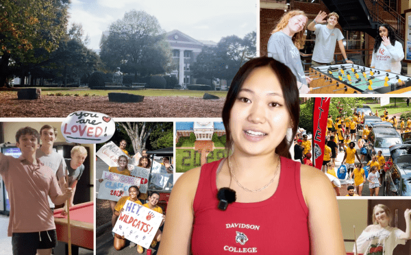 a young woman surrounded by pictures from her first week at Davidson College