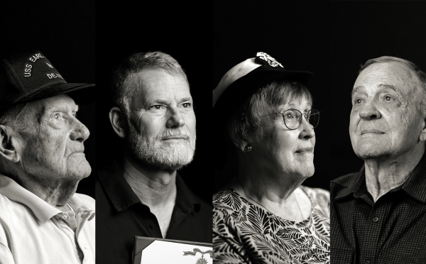 Four people of varying ages look away from the camera in stark lighting