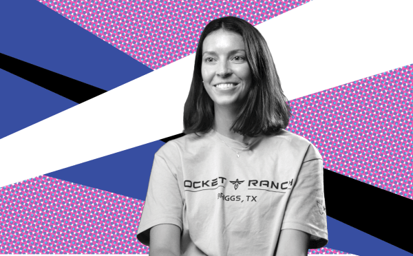 a young woman in black and white on a blue and purple background