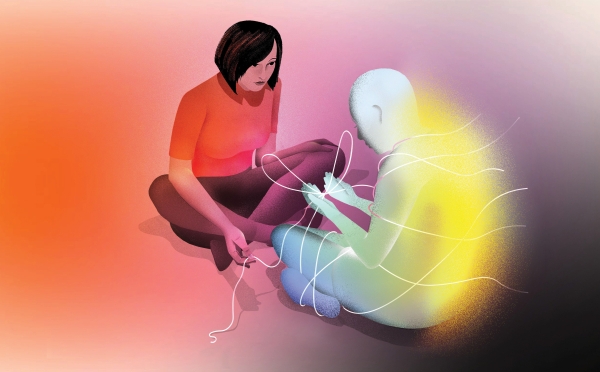 A Loving Death Illustration by Brain Stauffer of a person and a shadow tying knots