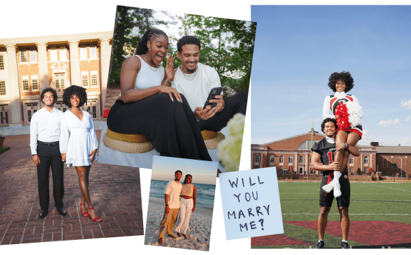 A collage of a couple’s relationship milestones, including photos of them dressed formally on a campus, at the beach, a football player holding a cheerleader, and a close-up of the woman reacting with excitement to an engagement ring while looking at a phone, next to a note that says, "WILL YOU MARRY ME?"