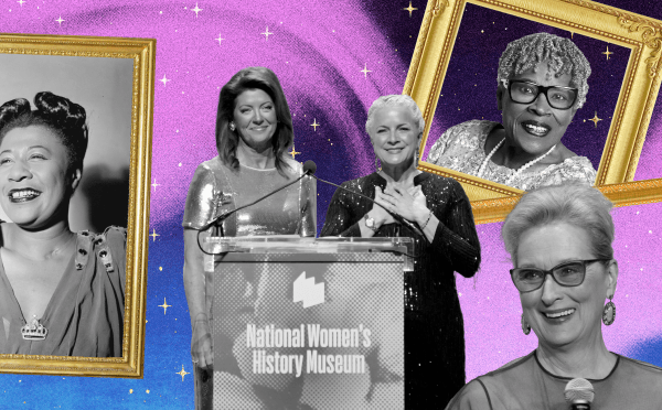 pink, blue, and gold collage of Ella Fitzgerald, Meryl Streep, and Dr. Opal Lee alongside CEO Frederique Champagne Irwin ‘96