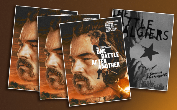 Three movie posters with Leo DeCaprio's face and a black and white poster