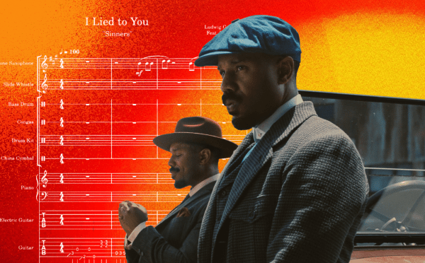 Two men in vintage suits and hats, one in a blue flat cap and another in a maroon fedora, are layered over a vibrant orange and red background featuring musical sheet music titled "I Lied to You" from the film "Sinners."