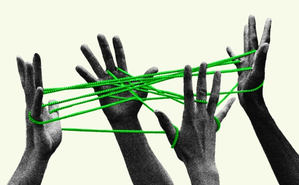Illustration by The Atlantic of hands holding a cats cradle of strings. Source: Ray Massey / Getty.