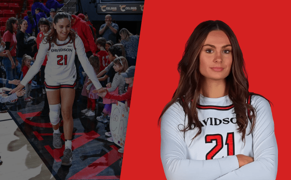Collage of basketball player high-fiving kids and a headshot on a red background