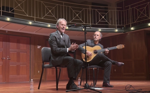 Flamenco cantaor David Pino and guitarist Guillermo Guillén on stage at Davidson College