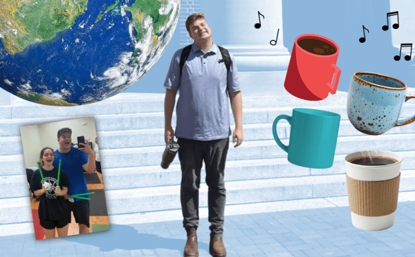 A student stands outside with a collage of items over him—a globe, selfie, coffee cup, microphone, and airplane