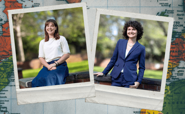 Two instant-print style photographs of two smiling individuals are positioned side-by-side against a background map showing the Atlantic Ocean, North America, and Europe.