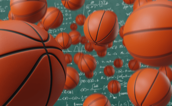 Bouncing basketballs on a chalkboard background with mathematic equations on it