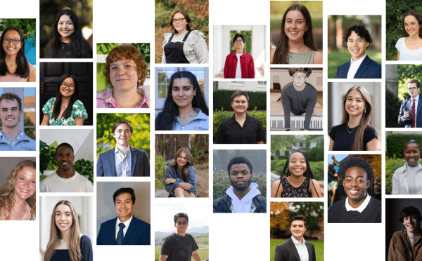 A collage of professional and casual headshots featuring a diverse group of over 20 smiling young adults, arranged in a grid-like pattern against a white background.