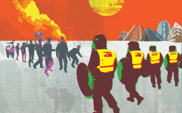 Anatomy of Unrest Main Illustration of men in uniform against protestors