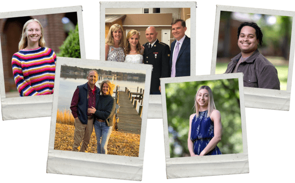 A collage of five Polaroid-style photographs arranged over a colorful abstract background, featuring portraits of diverse individuals, including a woman in a striped sweater, a wedding party group, a young man, a woman in a blue dress, and a couple standing by a lake dock.