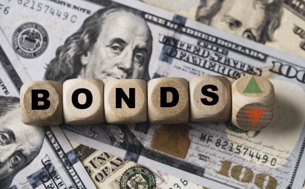 The word Bonds Getty Stock Image with American cash in the background