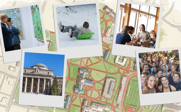 A collage of polaroid-style photos showing students looking at art, sledding, hanging out indoors, posing in a large group, and a domed campus building, layered over an aerial map of a college campus