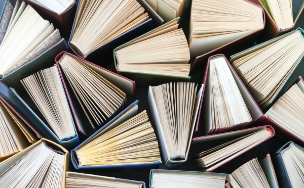 An overhead, top-down view of dozens of hardcover books arranged tightly together, each standing partially open with their paper pages fanning outward to form a geometric pattern.