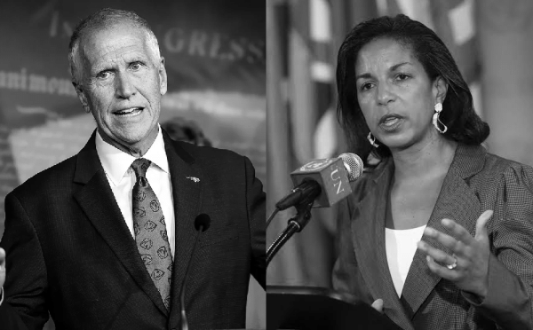 Composite image of Tom Tillis in a suit and Susan Rice in a suit