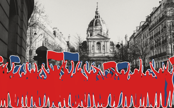 Illustrative red and blue silhouettes of protesters raising their arms and flags stand in front of a black-and-white photograph of the historic Sorbonne University building in Paris.