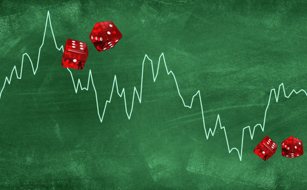 A line graph depicting financial market fluctuations overlaid on a green chalkboard background, accompanied by scattered red dice.
