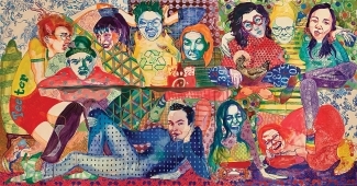 "Sup" by Chloe Pitkoff ’21 displays various students gathered around a table in different poses and facial expressions