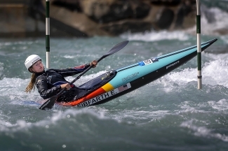 Davidson Olympian Evy Leibfarth kayaking on whitewaters