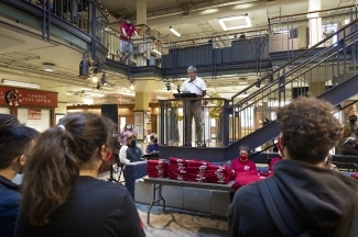 Alvarez Union Director Mike Goode speaks to students watching at 20th anniversary celebration