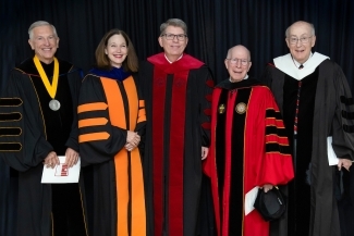 Four former presidents stand beside President Hicks during inauguration