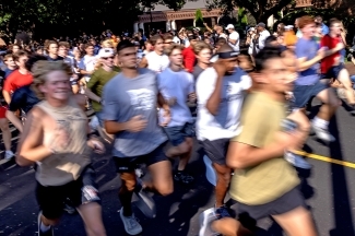 a blurry photo of young men running
