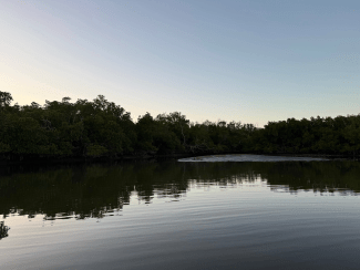a body of water at dusk