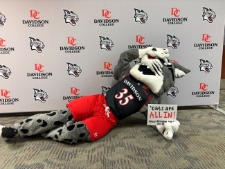 a cat mascot pretends to faint while holding a sign for "all in"