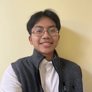 a young Asian man wearing a white collared shirt with a grey vest and glasses