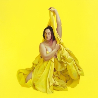a painting of a woman in yellow dress 