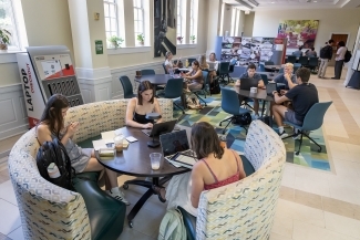 Students gather on the first day of class in the Lilly Gallery Interim Library 2025