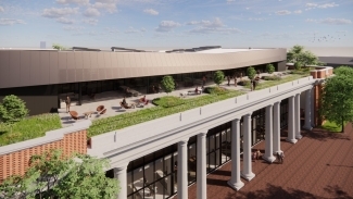 an aerial view of a library with green space on top